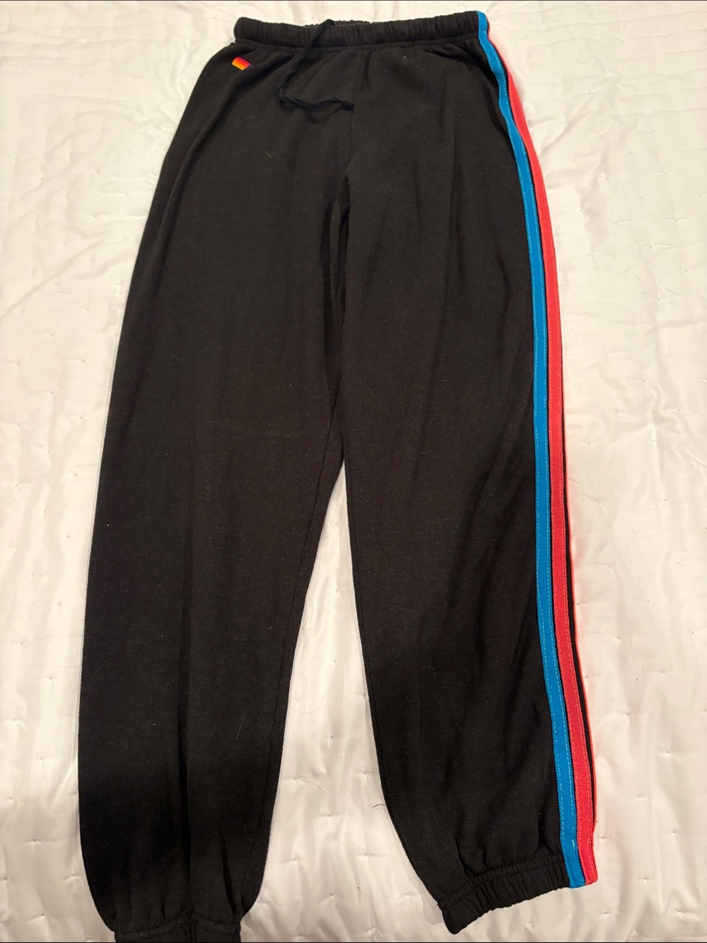 Aviator Nation Black Joggers with blue,red,orange and yellow stripes